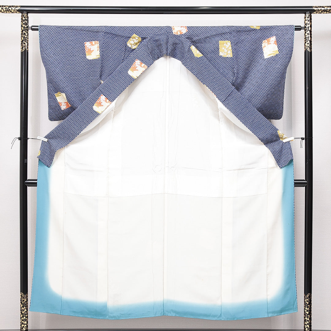小紋 袷 身丈153cm 裄丈61cm 正絹 Bランク インフォーマル 広衿 Sサイズ 色紙 花柄 青系 HP 1221-15078