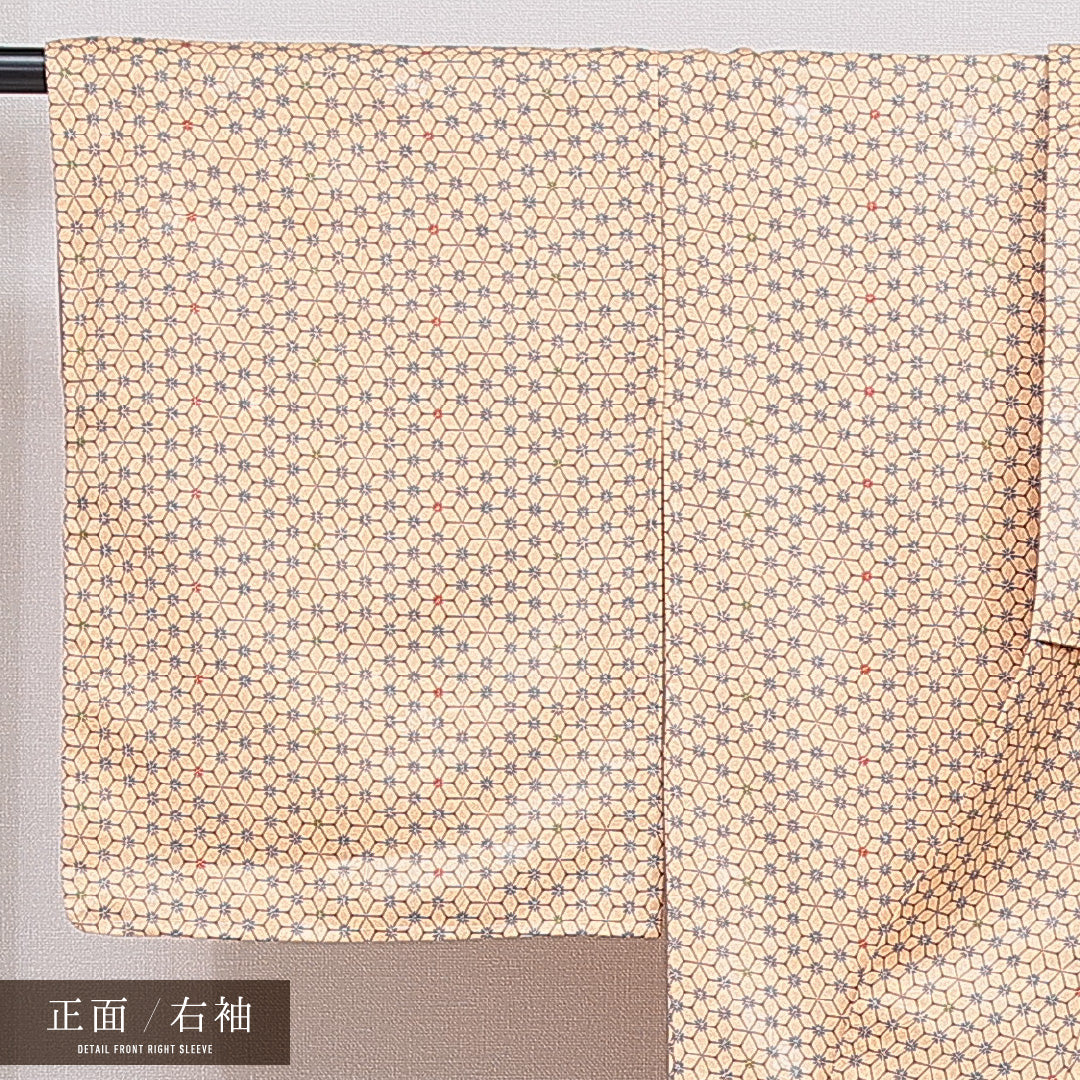 洗える着物 小紋 袷 身丈158cm 裄丈64cm ポリエステル Sランク インフォーマル 広衿 Mサイズ 麻の葉 朱系 RP 1221-16007