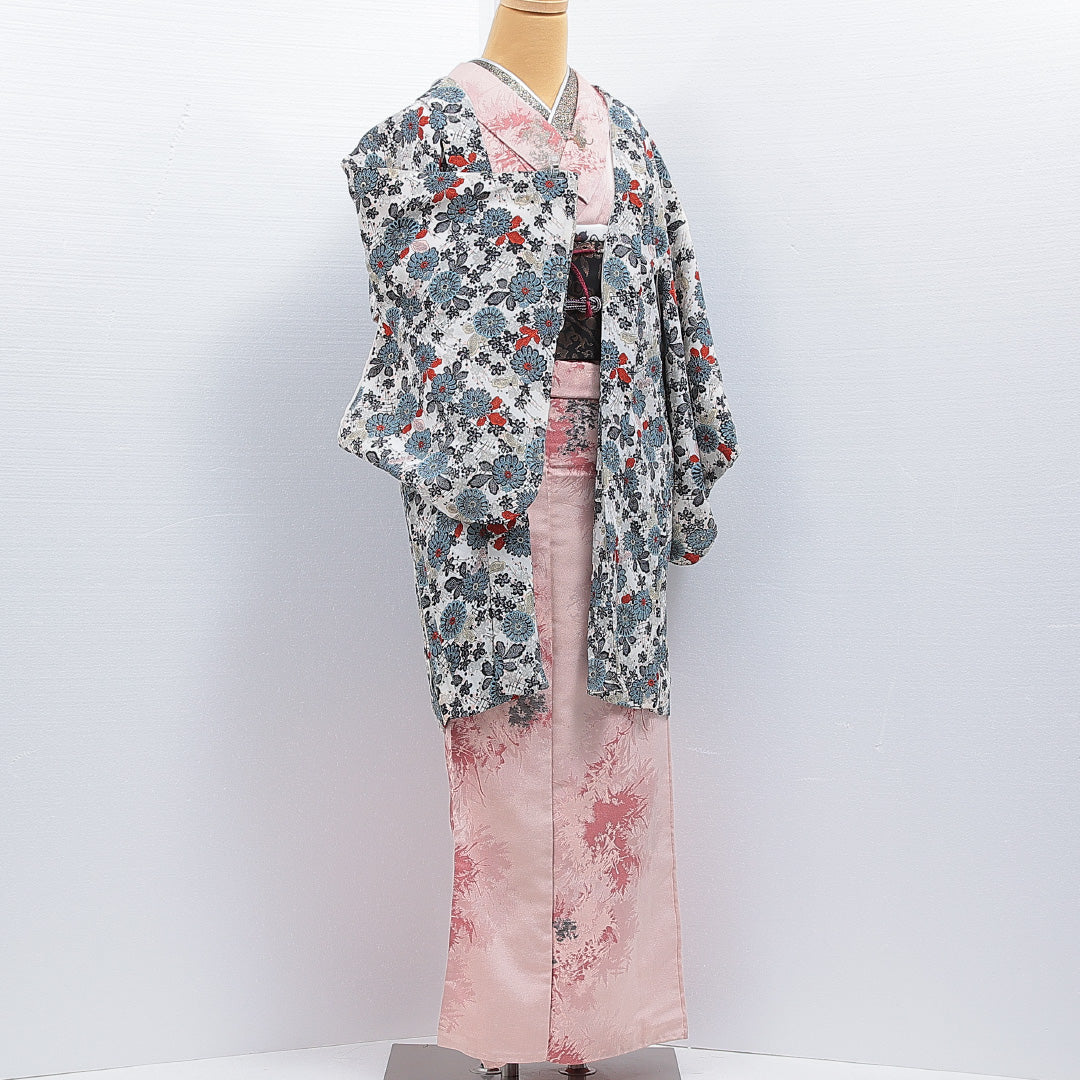 羽織 袷 身丈89cm 裄丈63cm 正絹 Bランク Sサイズ カジュアル 紐あり 菊 白系 多色系 1217-16157