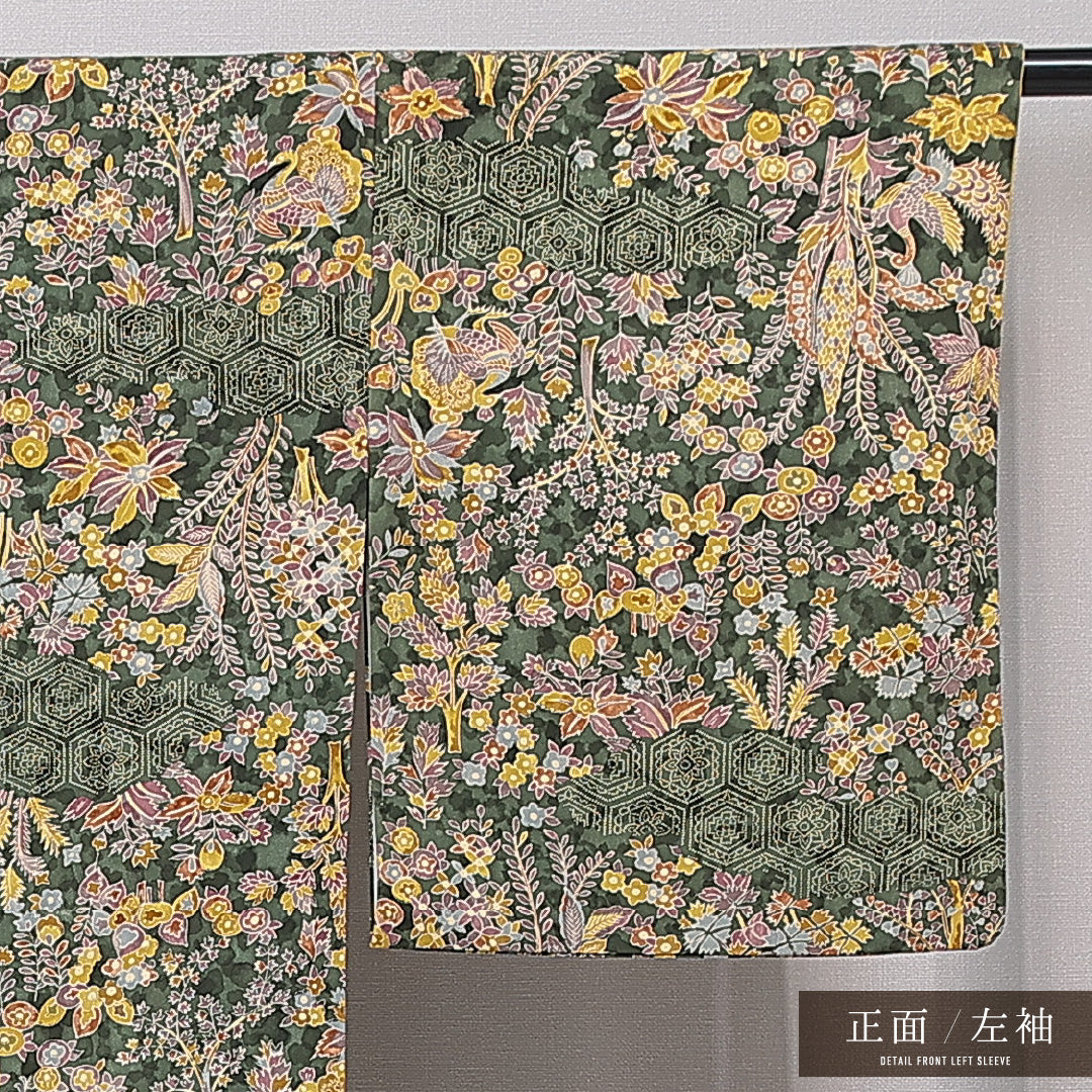 小紋 袷 身丈167cm 裄丈66cm 正絹 Sランク インフォーマル 広衿 XLサイズ 亀甲 花柄 緑系 M4 1221-15876