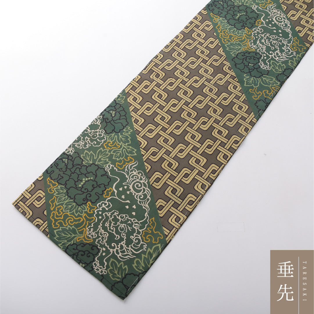 アンティーク 九寸名古屋帯 帯丈356cm セミフォーマル 開き仕立て 全通 Bランク 正絹 染め帯 唐獅子 牡丹 緑系 1224-03686