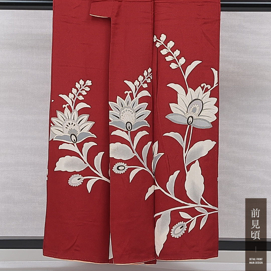 付下げ 袷 身丈156cm 裄丈63cm 正絹 Sランク インフォーマル バチ衿 Mサイズ 植物柄 赤系 RP 1218-15507