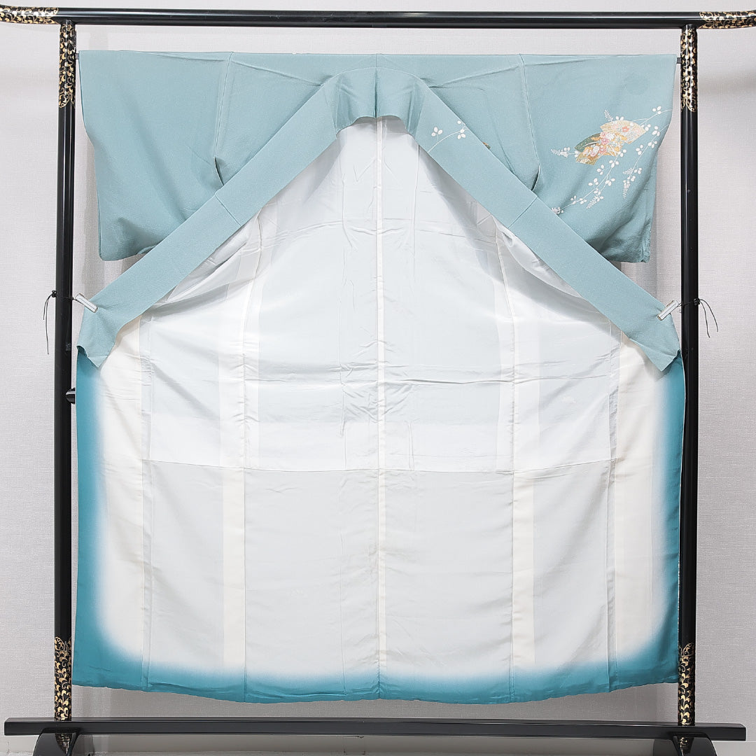 訪問着 袷 身丈155cm 裄丈66cm 正絹 Bランク Mサイズ 広衿 セミフォーマル 扇 流水 菊 水色系 1212-15654