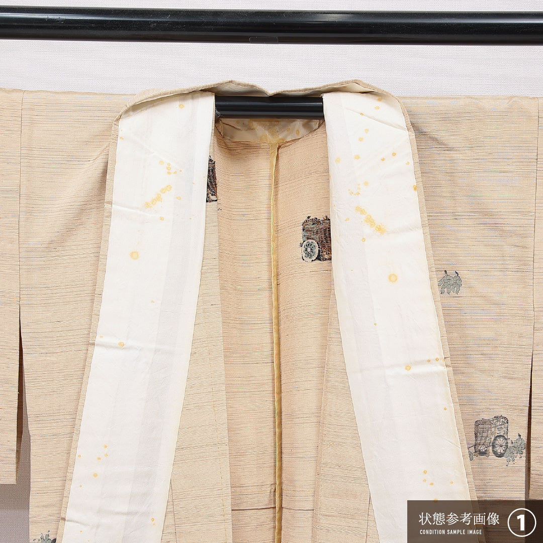 紬 単衣 身丈161cm 裄丈64cm 正絹 Aランク カジュアル 広衿 Lサイズ 肩当て 御所車 人物 ベージュ系 RP 1223-15534