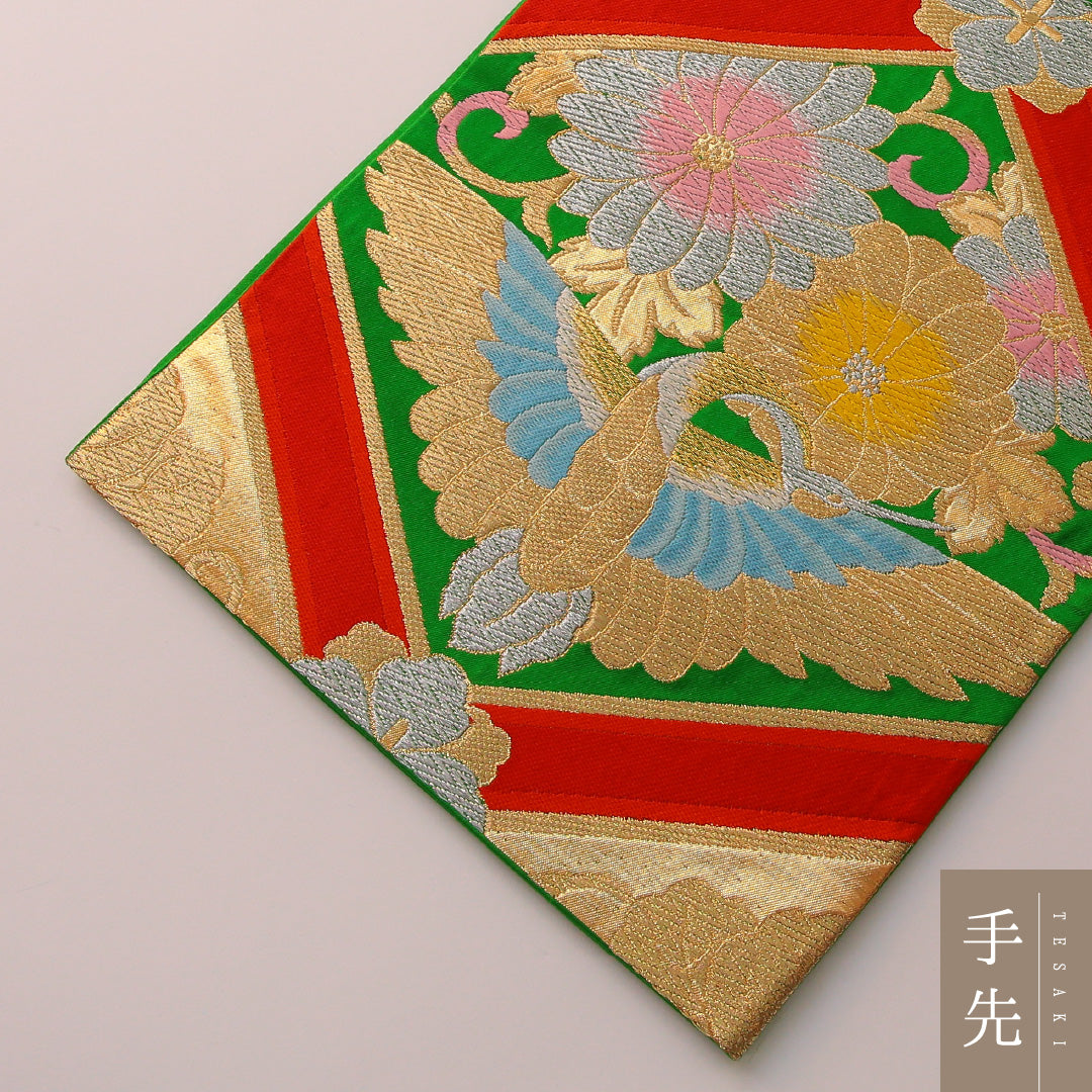 袋帯 帯丈408cm フォーマル 六通 Sランク 正絹 鶴 菊 緑系 金系 1223-01893
