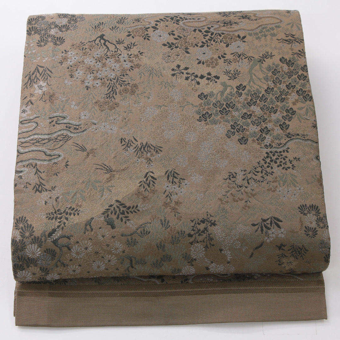 アンティーク 丸帯 帯丈444cm 全通 Aランク 正絹 古典柄 緑系 1223-02224