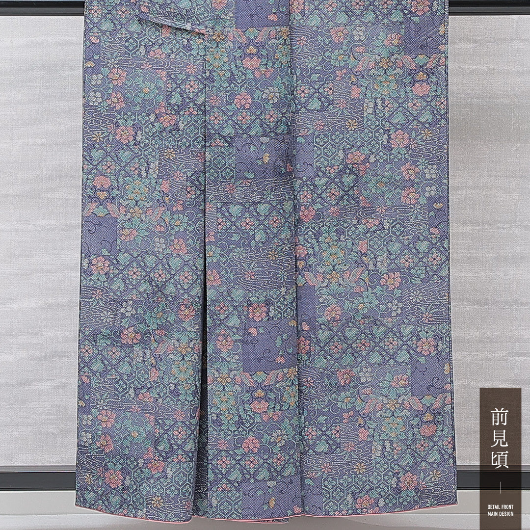 小紋 袷 身丈156cm 裄丈60cm 正絹 Sランク インフォーマル 広衿 Mサイズ 蜀江 流水 紫系 RP 1221-15201