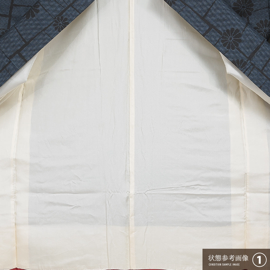 紬 袷 身丈161cm 裄丈65cm 正絹 Aランク カジュアル 広衿 Lサイズ 菊 紺系 RP 1223-15964