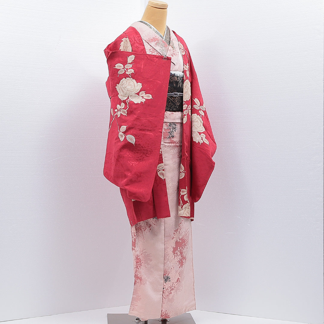 アンティーク 羽織 袷 身丈93cm 裄丈62cm 正絹 Bランク Sサイズ 紋意匠 吉祥文様 薔薇 ピンク系 1217-16837