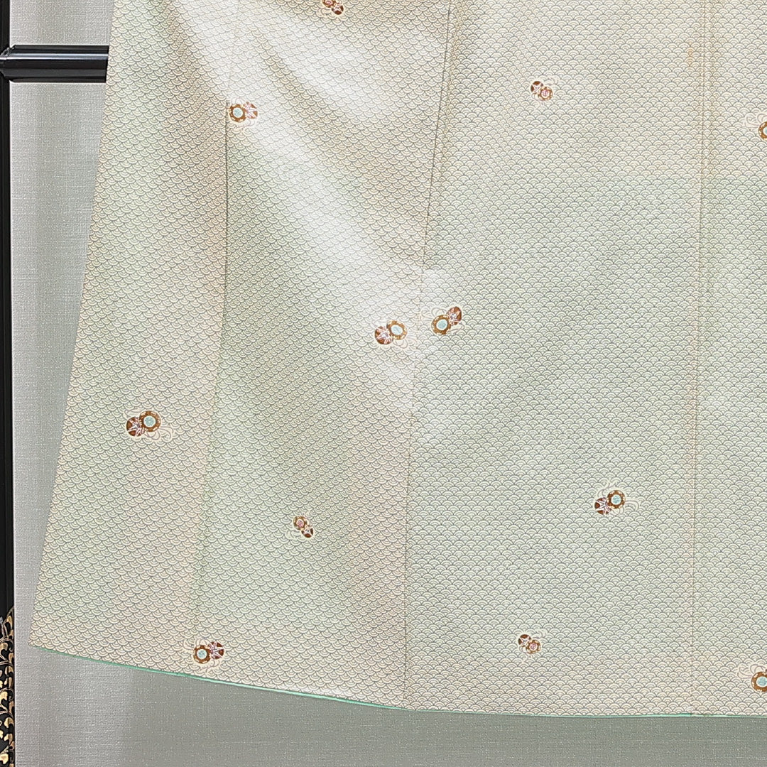 小紋 洗える着物 袷 身丈146cm 裄丈62cm ポリエステル Cランク XSサイズ 広衿 インフォーマル 鼓 青海波 緑系 1215-16316