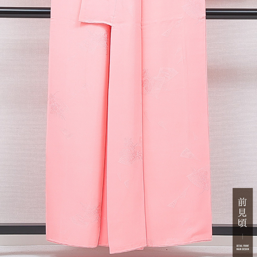 色無地 袷 身丈156cm 裄丈62cm 正絹 Aランク 一つ紋 (中陰五三桐) 紋意匠 (古典柄) セミフォーマル 広衿 Mサイズ ピンク系 RP 1219-16657