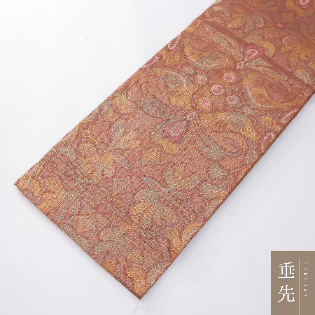 袋帯（紬） 帯丈432cm 正絹 六通 カジュアル ペルシャ文様 朱系 1243-02271