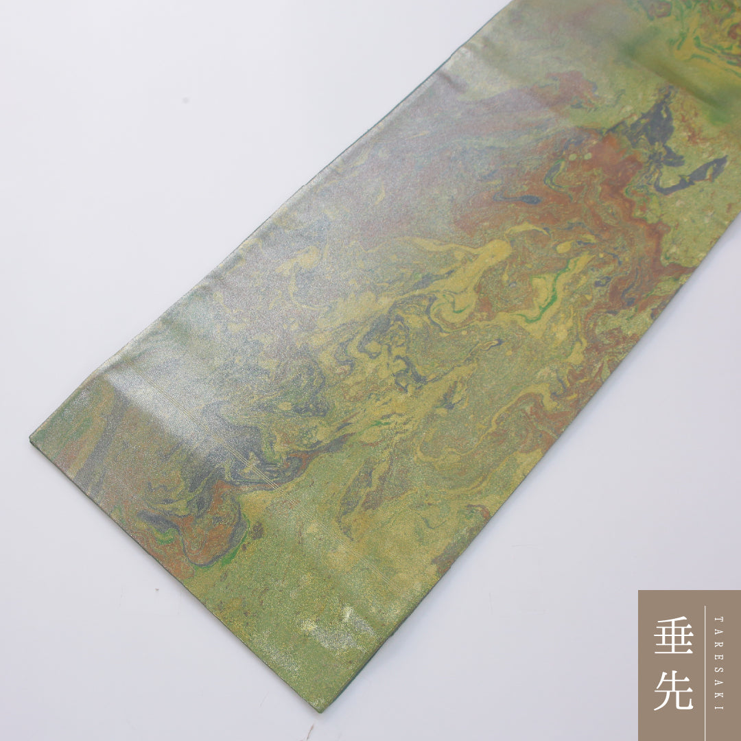 袋帯 帯丈448cm セミフォーマル 六通 帯芯なし Sランク 正絹 引箔 墨流し 緑系 金系 1223-02332