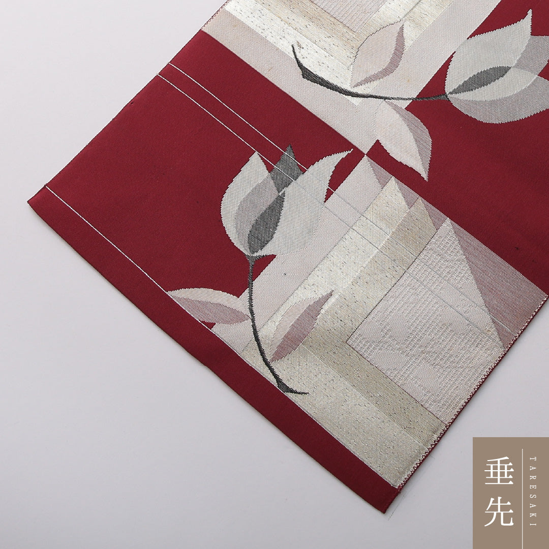 八寸名古屋帯 帯丈352cm セミフォーマル 名古屋仕立て 六通 帯芯なし Cランク 正絹 チューリップ 赤系 1224-03574