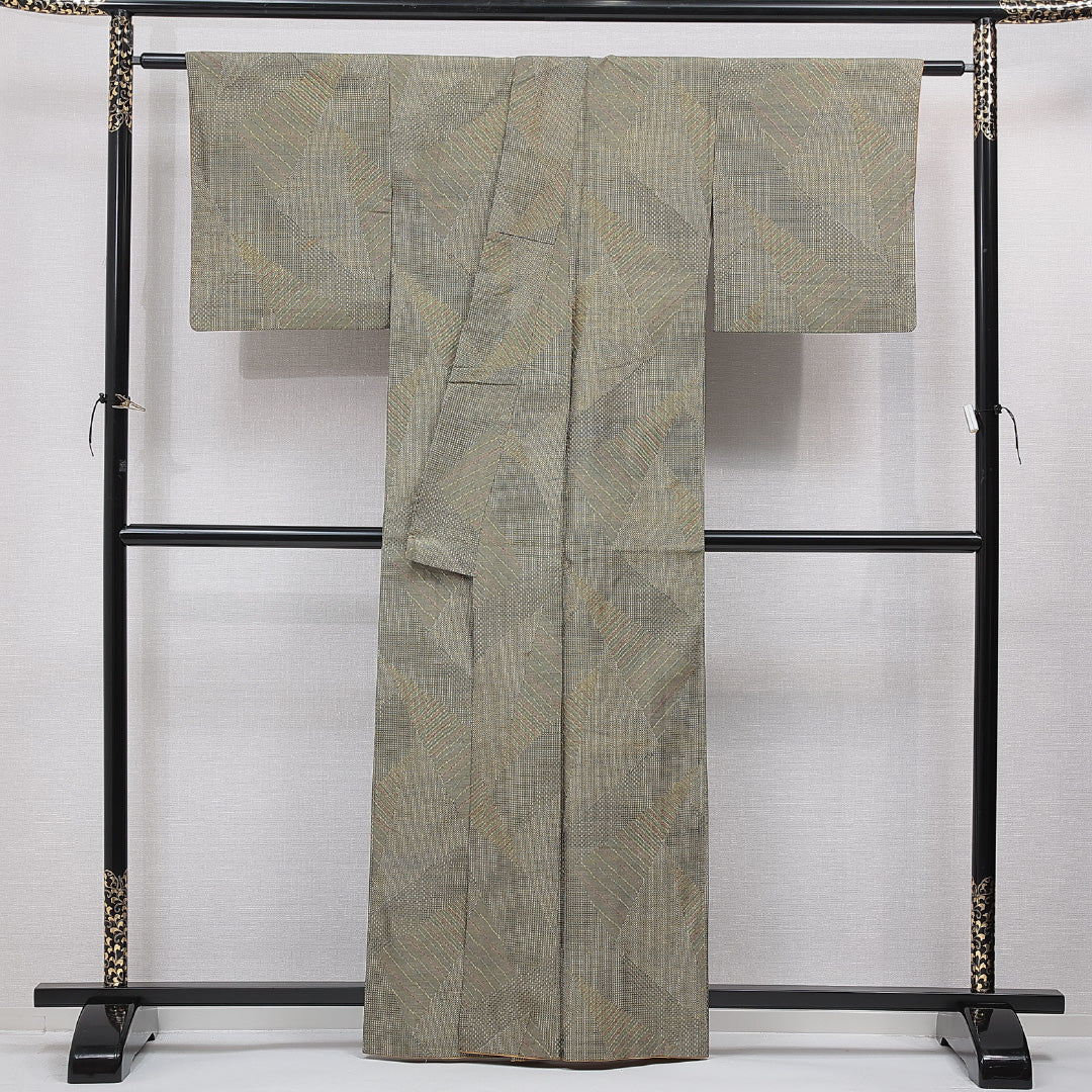 紬 袷 身丈162cm 裄丈63cm 正絹 Sランク カジュアル 広衿 Lサイズ 抽象柄 緑系 RP 1223-15508