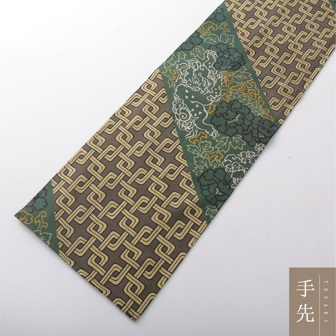 アンティーク 九寸名古屋帯 帯丈356cm セミフォーマル 開き仕立て 全通 Bランク 正絹 染め帯 唐獅子 牡丹 緑系 1224-03686