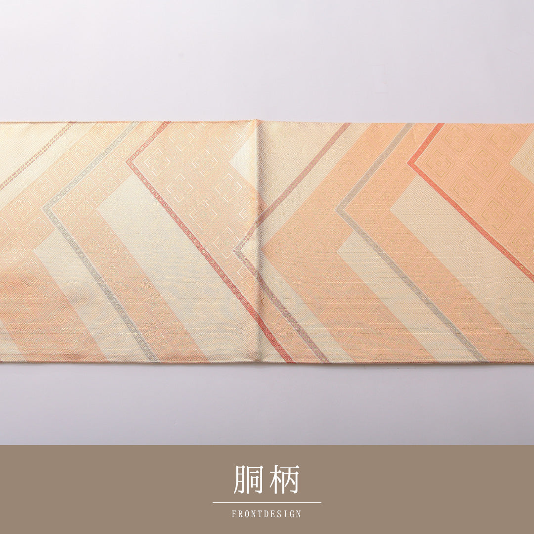 袋帯 帯丈444cm 正絹 六通 セミフォーマル 菱つなぎ 金系 クリーム系 1243-01988