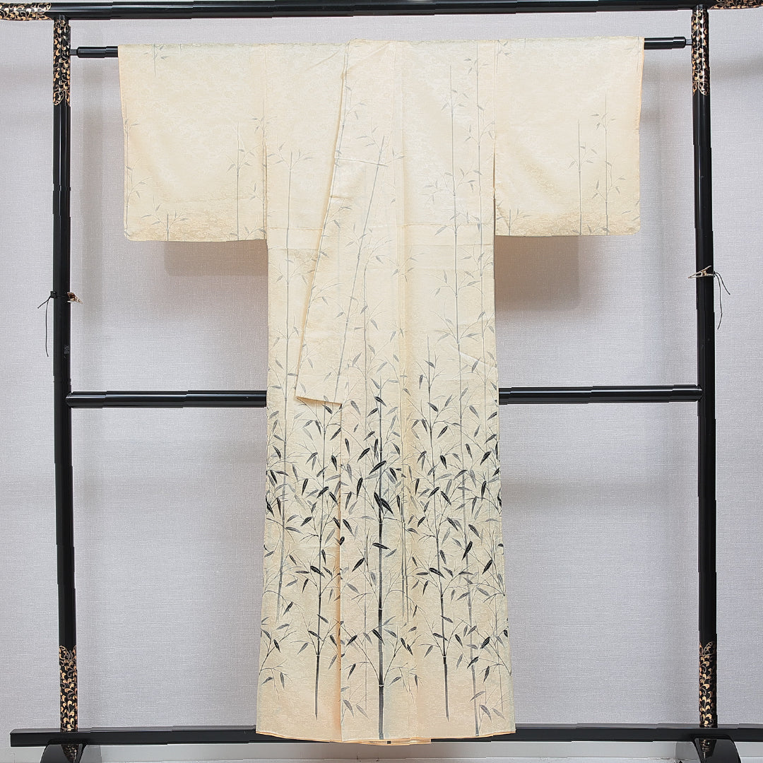 洗える着物 付下げ 袷 身丈150cm 裄丈62cm ポリエステル Sランク 紋意匠 (梅や紅葉) インフォーマル 広衿 Sサイズ 竹 黄系 RP 1218-15985