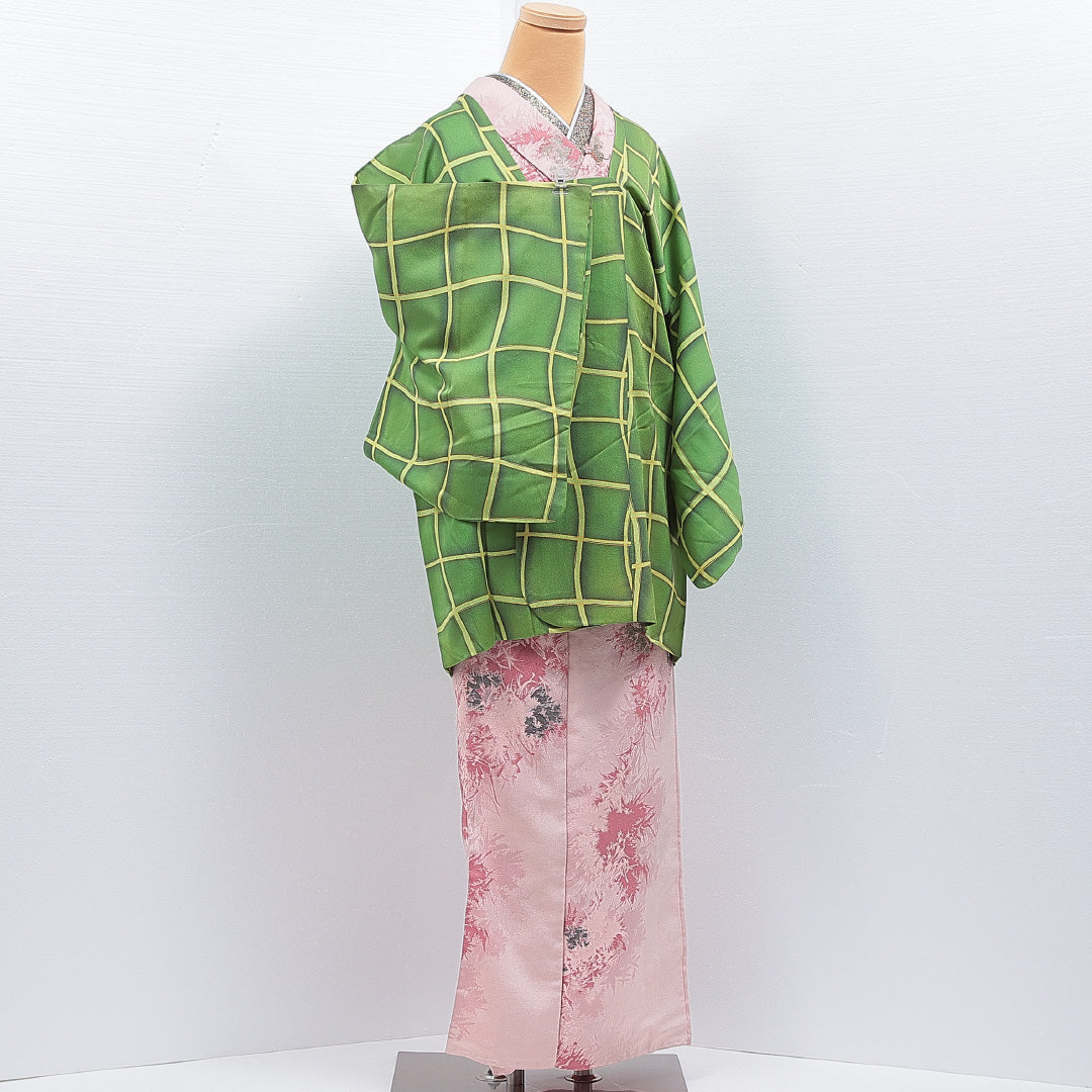 道行コート 洗える着物 袷 身丈81cm 裄丈65cm ポリエステル Aランク Mサイズ インフォーマル ポケットあり 格子 緑系 1263-16861