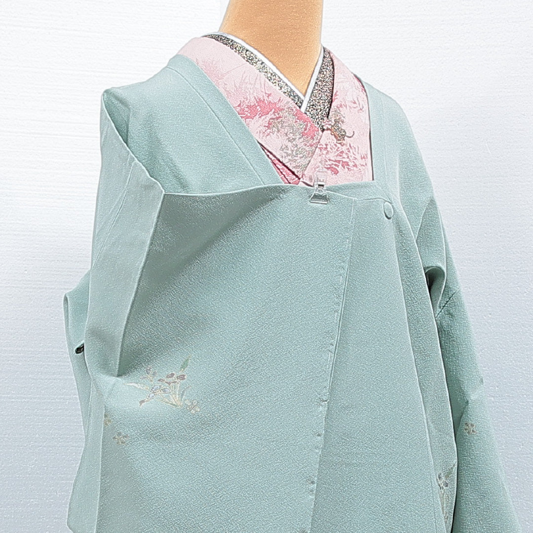 道行コート 袷 身丈92cm 裄丈66cm 正絹 Sランク セミフォーマル Mサイズ 金駒刺繍 ポケットあり 菖蒲 水色系 M4 1237-16860