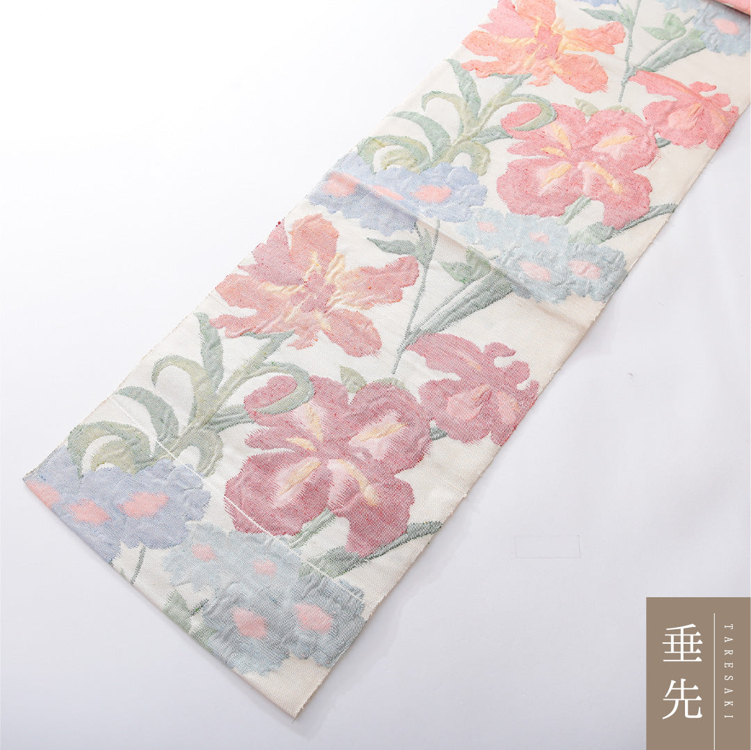 八寸名古屋帯（紬） 帯丈366cm カジュアル 松葉仕立て 六通 Aランク 正絹 花柄 クリーム系 1224-03909