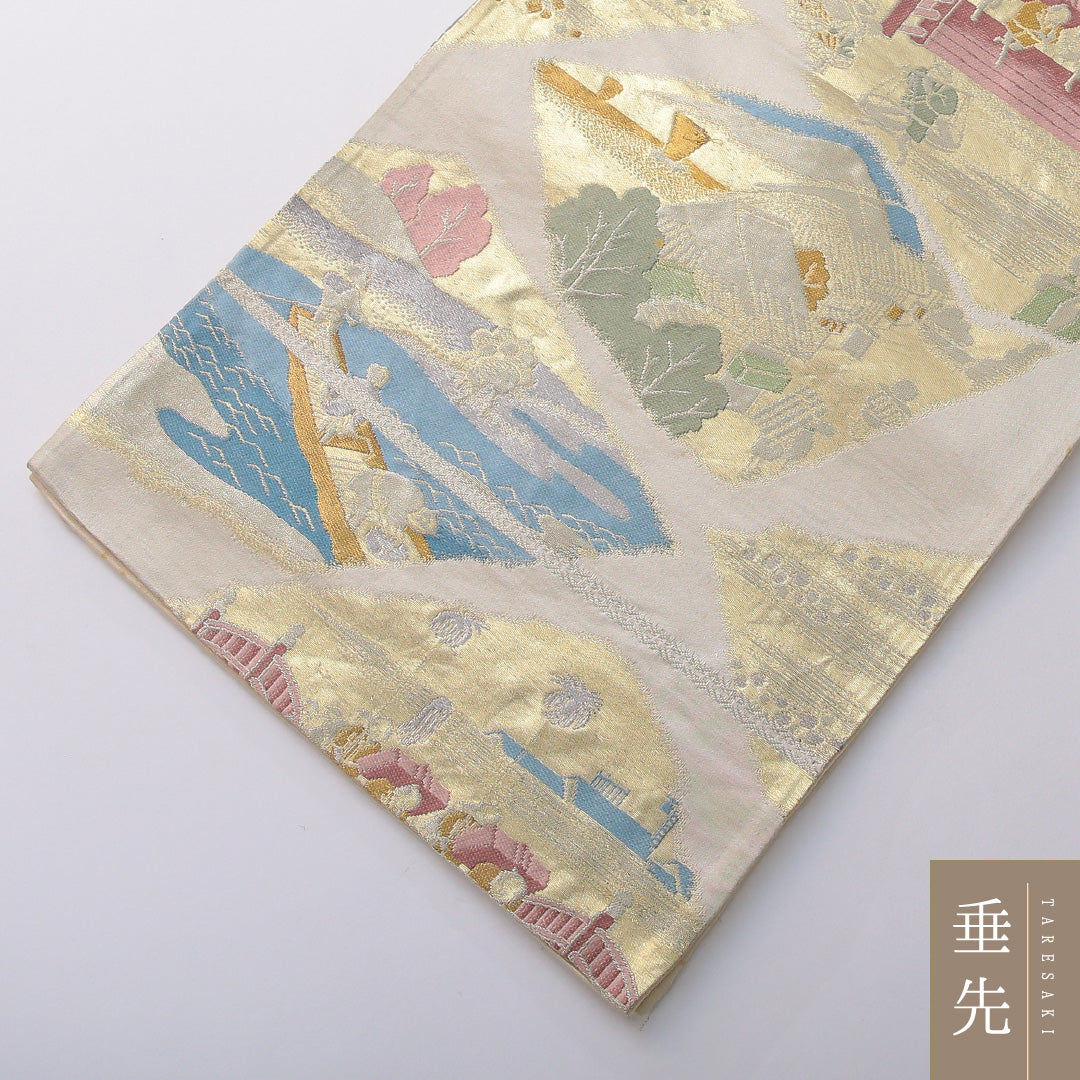 袋帯 帯丈404cm 正絹 六通 帯芯なし セミフォーマル 江戸 風景柄 金系 クリーム系 1243-02032