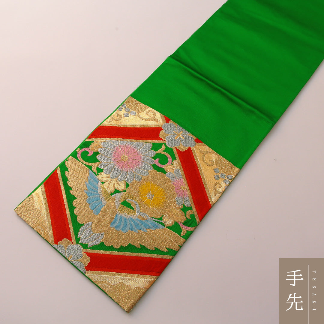 袋帯 帯丈408cm フォーマル 六通 Sランク 正絹 鶴 菊 緑系 金系 1223-01893