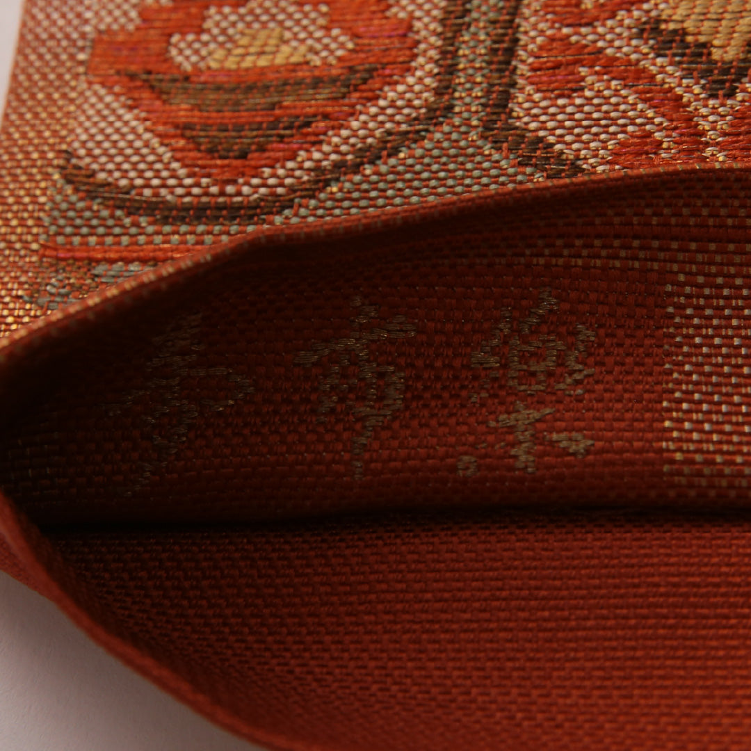 袋帯 帯丈428cm セミフォーマル 六通 Aランク 正絹 創作柄 朱系 1223-01907