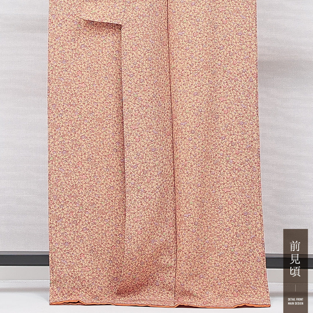 小紋 袷 身丈166cm 裄丈66cm 正絹 Sランク インフォーマル 広衿 XLサイズ 落款 紅葉 ベージュ系 M4 1221-15552