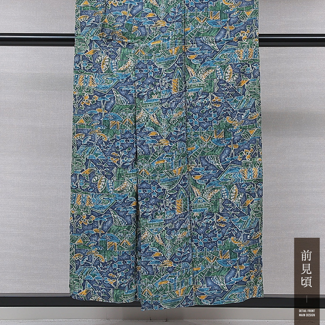 小紋 袷 身丈152cm 裄丈62cm 正絹 Aランク インフォーマル 広衿 Sサイズ チューリップ 笹 青系 RP 1221-15753