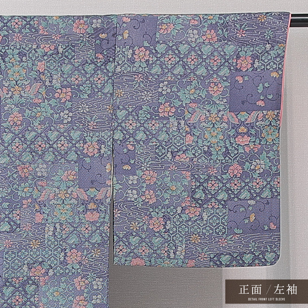 小紋 袷 身丈156cm 裄丈60cm 正絹 Sランク インフォーマル 広衿 Mサイズ 蜀江 流水 紫系 RP 1221-15201