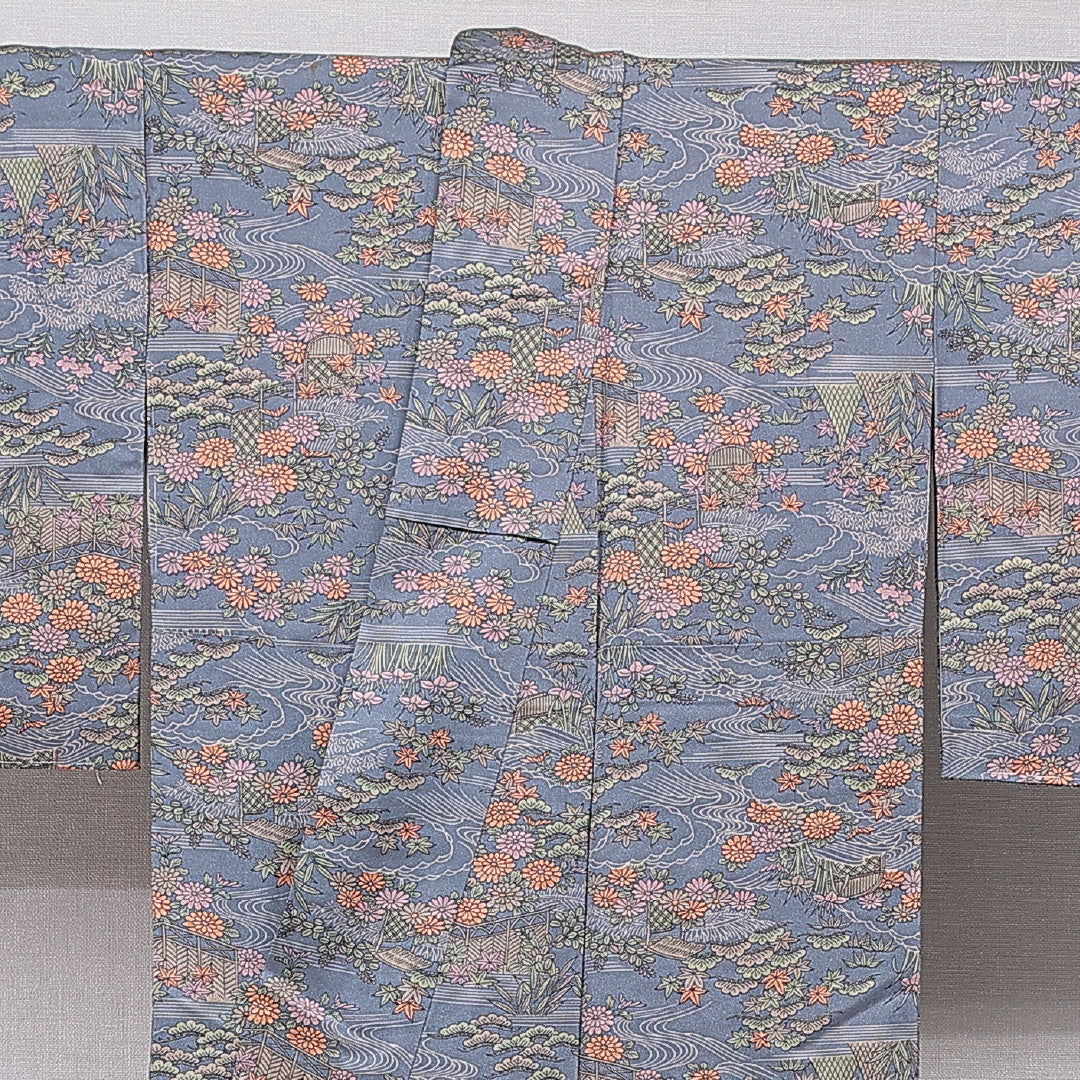 洗える着物 小紋 袷 身丈152cm 裄丈60cm ポリエステル Sランク インフォーマル 広衿 Sサイズ 菊 笹 グレー系 RP 1221-15689
