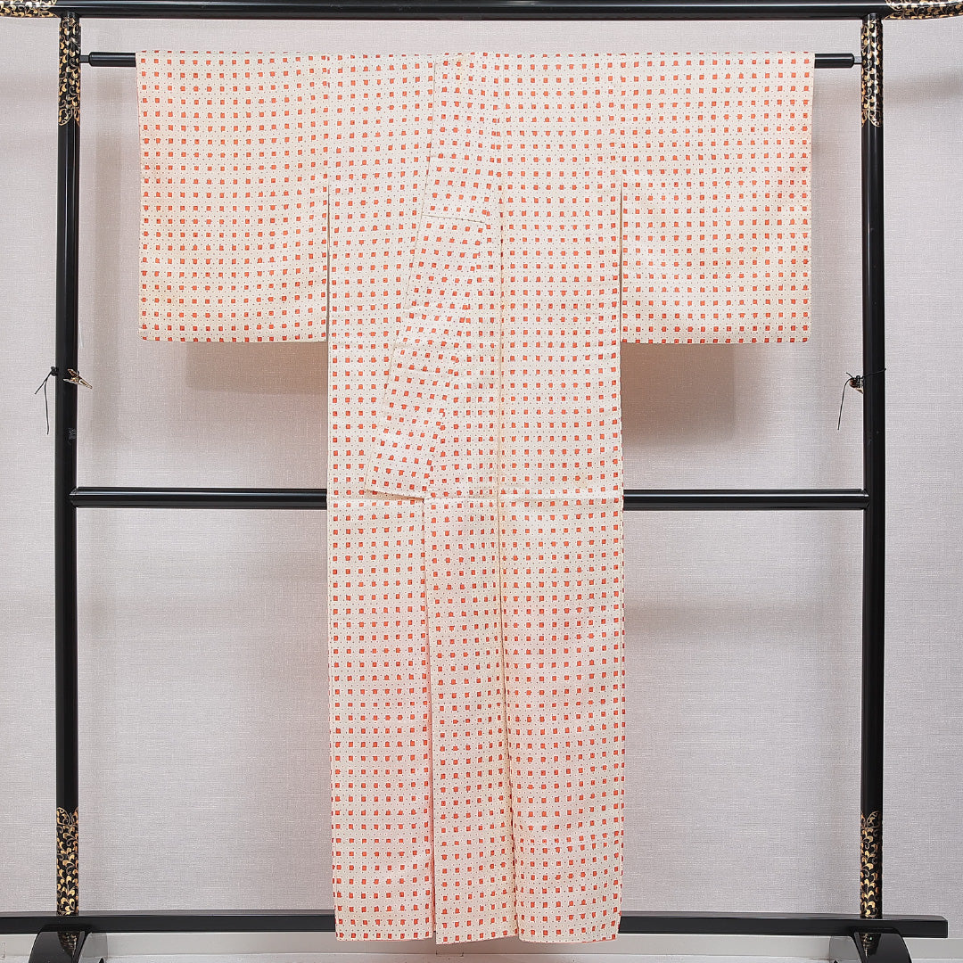 洗える着物 小紋 袷 身丈154cm 裄丈63cm ポリエステル Aランク インフォーマル 広衿 Sサイズ 創作柄 朱系 RP 1221-16395
