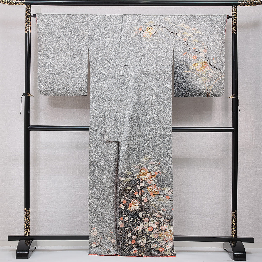 訪問着 身丈168cm 裄丈67cm 正絹 Sランク XLサイズ 広衿 セミフォーマル 梅 松 グレー系 1212-15492