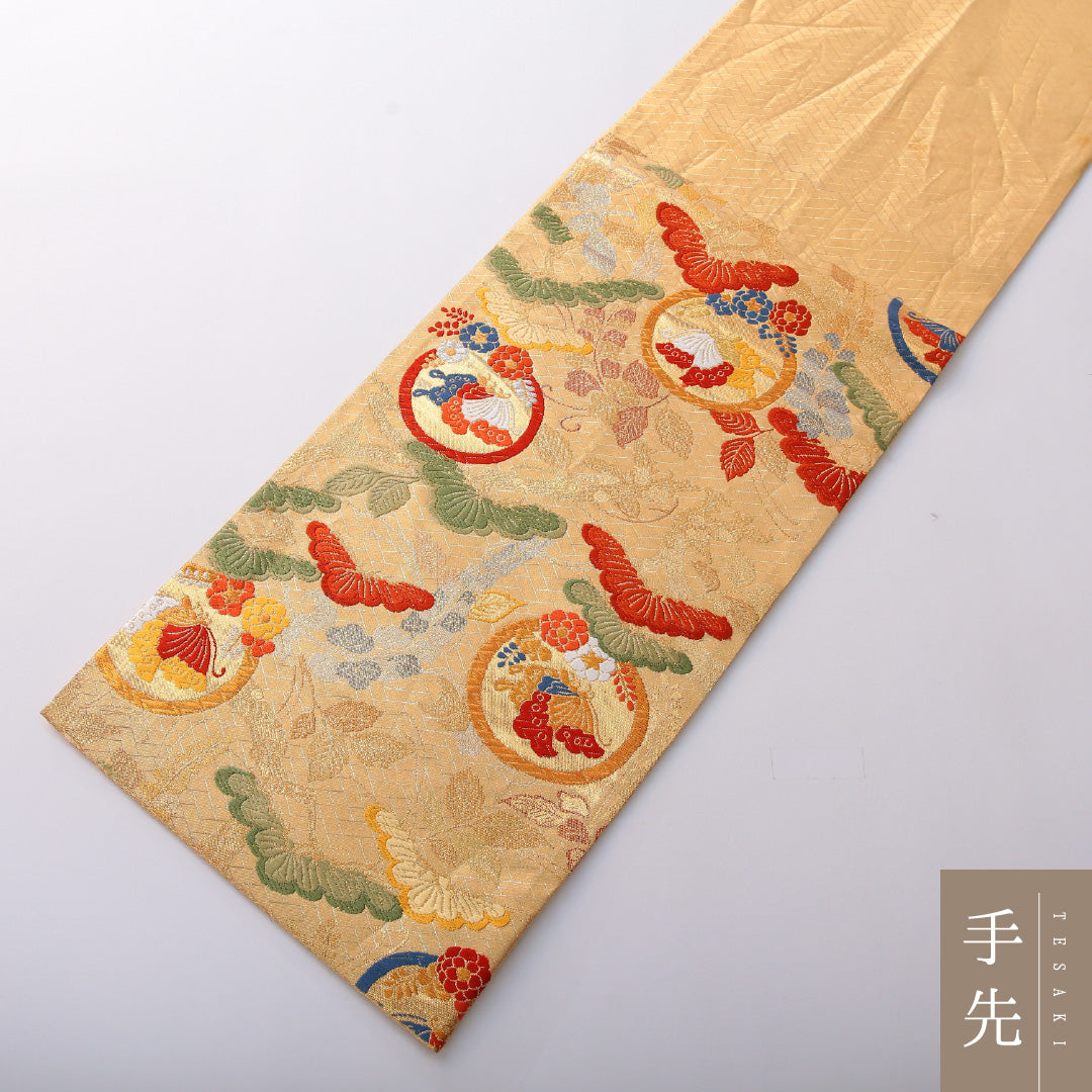 袋帯 帯丈442cm 正絹 六通 フォーマル 蝶 笠松 丸文 落款 金系 1243-02002