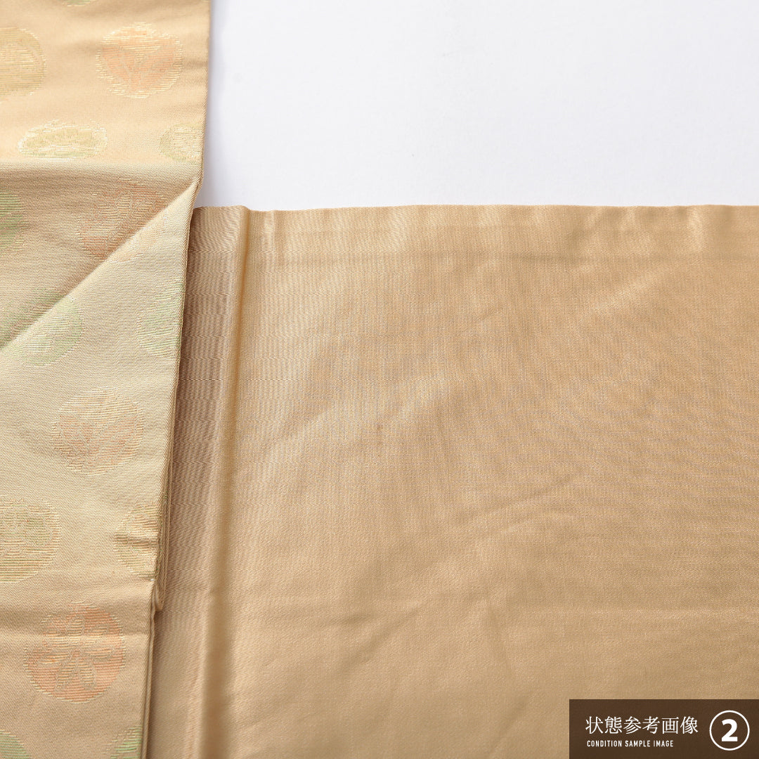 九寸名古屋帯 Bランク 帯丈356cm 正絹 六通 名古屋仕立て 織り インフォーマル 丸文 くすんだベージュ系 RP 1245-03942