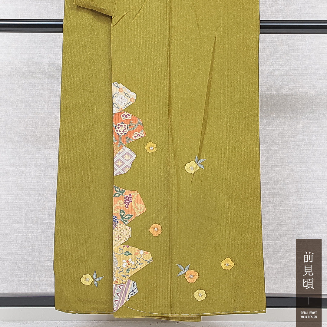 付下げ 袷 身丈155cm 裄丈67cm 正絹 Aランク インフォーマル 広衿 Mサイズ 部分絞り 金駒刺繍 ガード加工 唐華 菱 黄系 RP 1218-15727