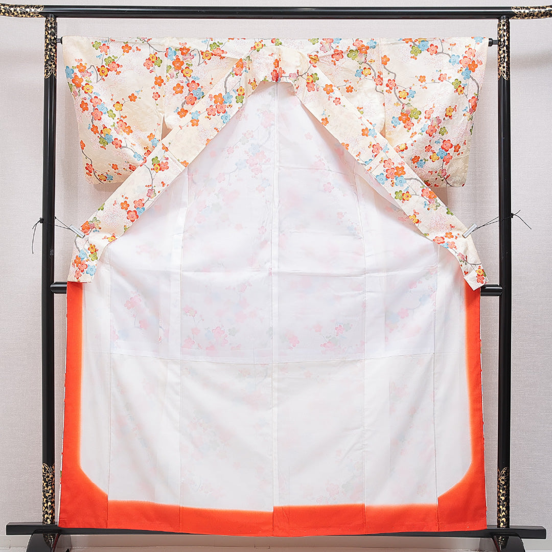 洗える着物 小紋 袷 身丈162cm 裄丈64cm ポリエステル Sランク インフォーマル 広衿 Lサイズ 梅 楓 クリーム系 RP 1221-16011
