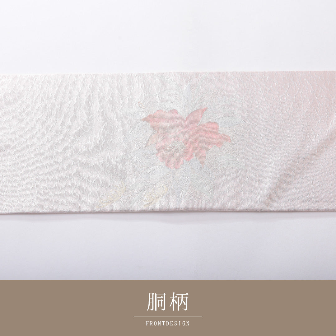 九寸名古屋帯 帯丈355cm インフォーマル 名古屋仕立て ポイント柄 Aランク 正絹 花柄 ピンク系 銀系 1224-03911