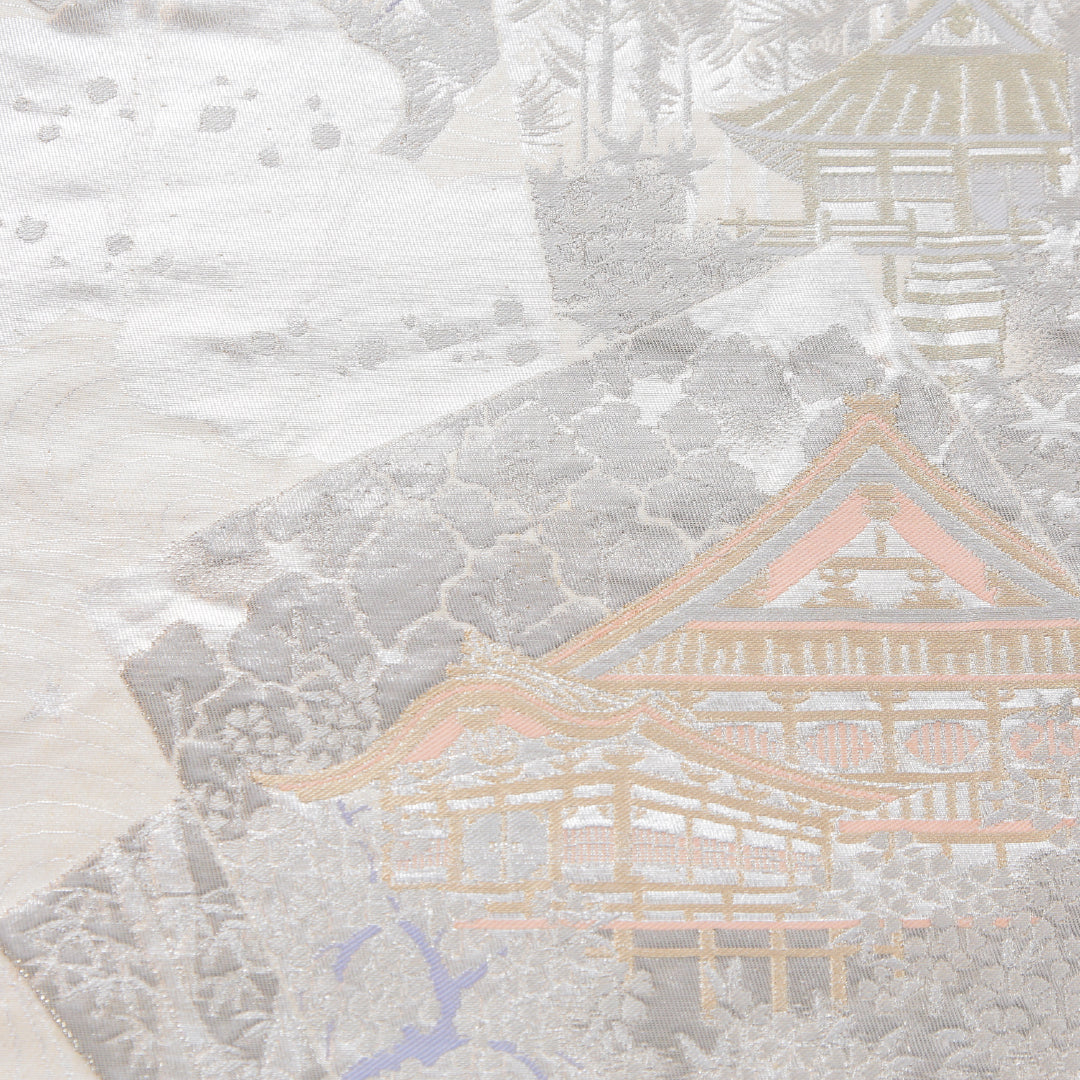 袋帯 帯丈432cm プラチナ箔二重織 フォーマル 六通 Aランク 正絹 寺社仏閣 銀系 1223-02316