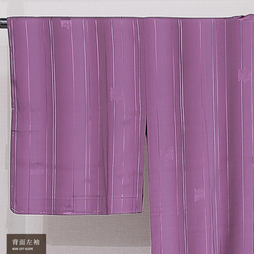 道行コート 単衣 身丈124cm 裄丈64cm 正絹 Sランク Mサイズ ポケットあり 縞 紫系 RP 1237-15174