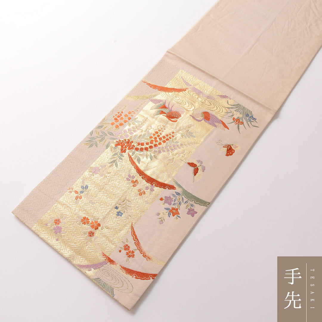 袋帯 帯丈444cm フォーマル 六通 Sランク 正絹 蝶 鴛鴦 金系 1223-01870