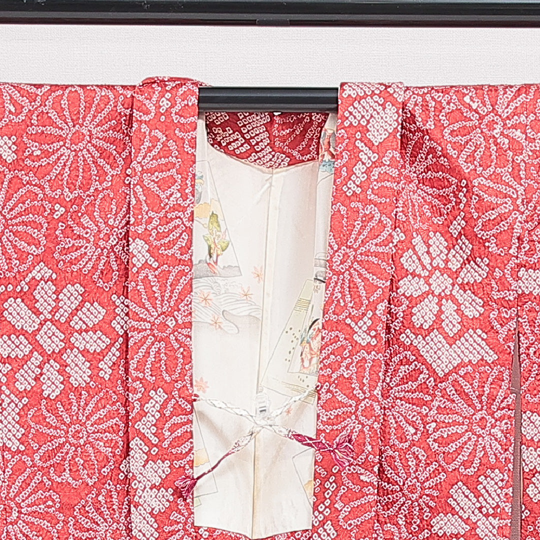 羽織 袷 身丈77cm 裄丈65cm 正絹 Aランク カジュアル Mサイズ 紐あり 菊 赤系 HP 1232-16454