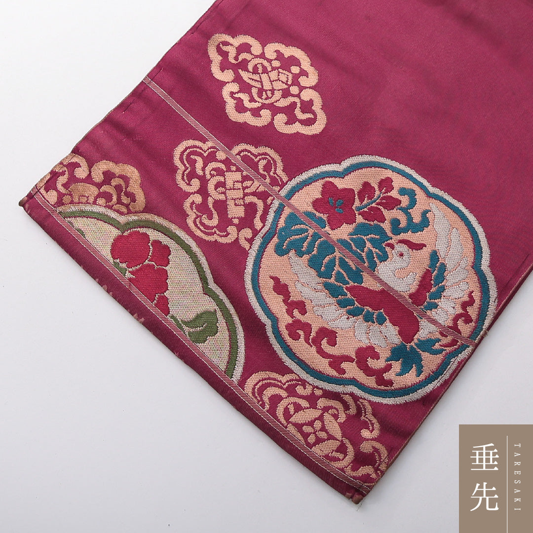 アンティーク 九寸名古屋帯 帯丈315cm 名古屋仕立て ポイント柄 Cランク 正絹 牡丹 紫系 赤系 1224-03810