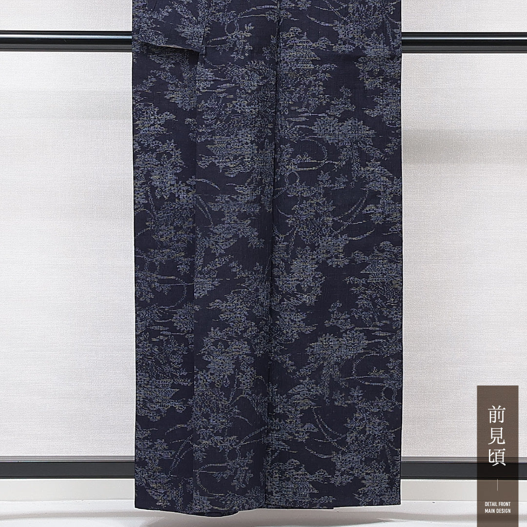 紬 単衣 身丈158cm 裄丈63cm 正絹 Sランク カジュアル 広衿 Mサイズ 植物柄 紺系 RP 1223-15336