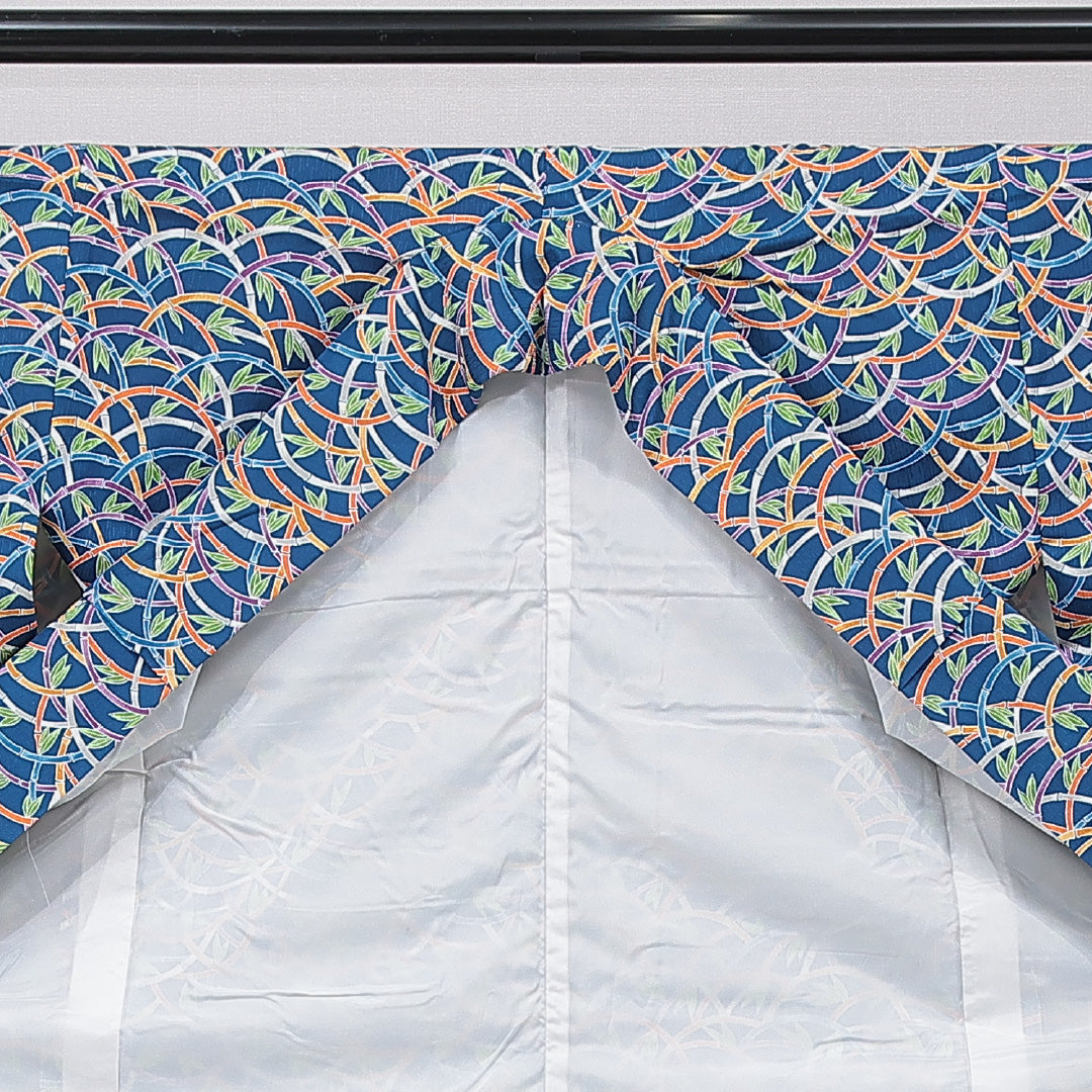 小紋 洗える着物 袷 身丈163cm 裄丈64cm ポリエステル Sランク Lサイズ 広衿 インフォーマル 竹 笹 青系 1215-15793