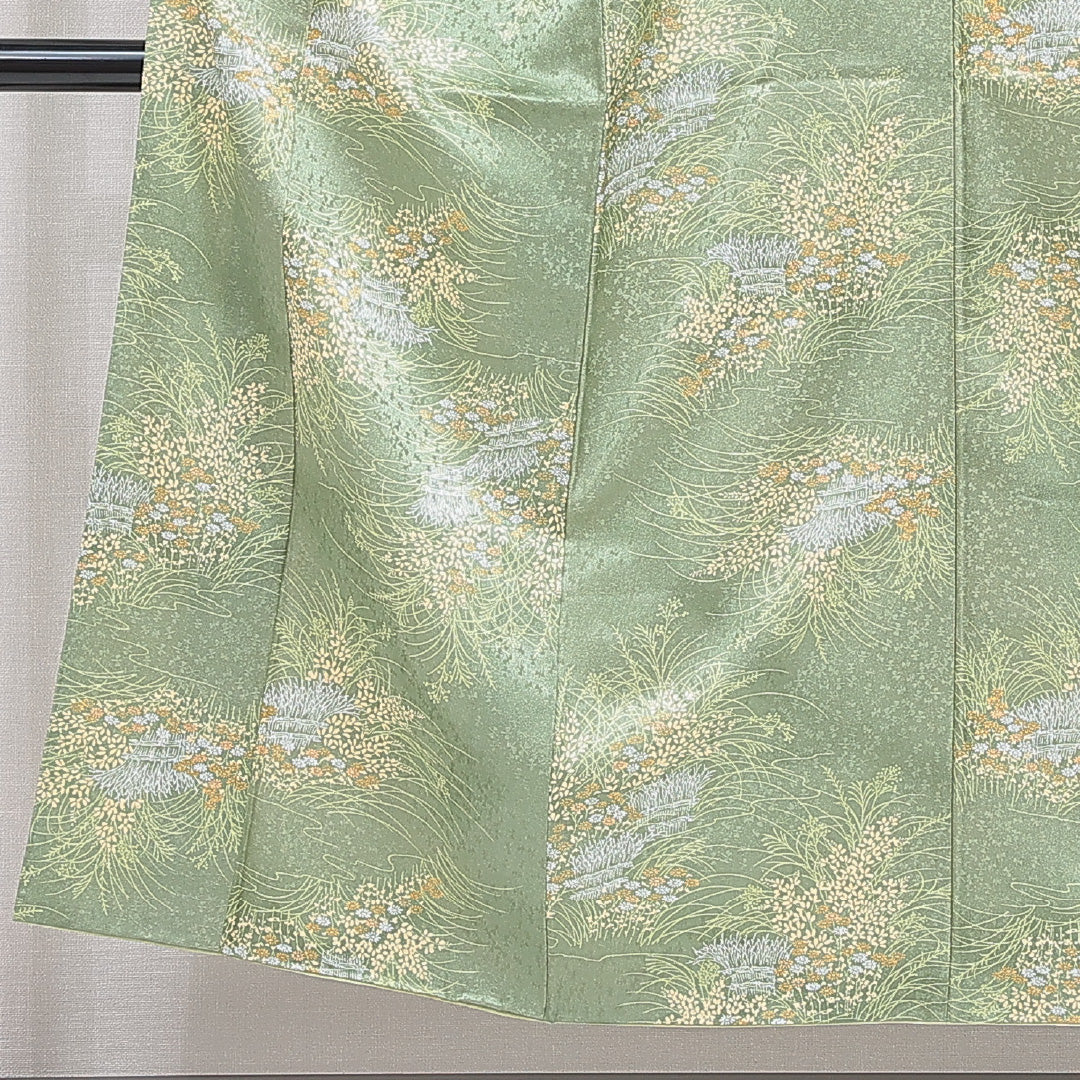 洗える着物 小紋 袷 身丈150cm 裄丈62cm ポリエステル Sランク インフォーマル 広衿 Sサイズ 植物柄 緑系 RP 1221-16273