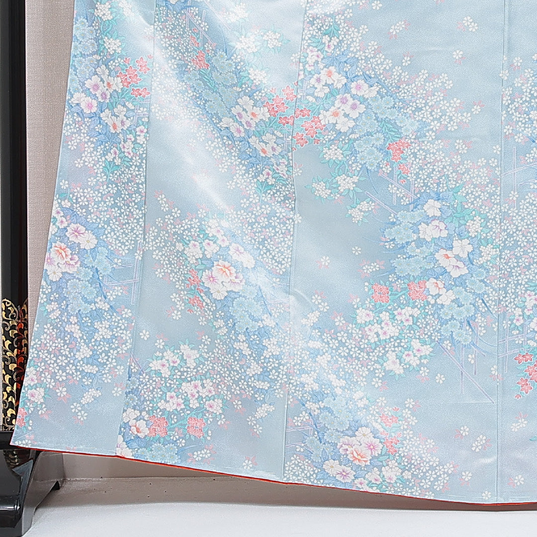 小紋 洗える着物 袷 身丈164cm 裄丈65cm ポリエステル Cランク Lサイズ 広衿 インフォーマル 花柄 水色系 1215-16255