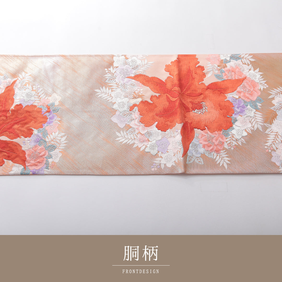 袋帯 帯丈432cm セミフォーマル 六通 Sランク 正絹 唐織 カトレヤ 朱系 1223-02125
