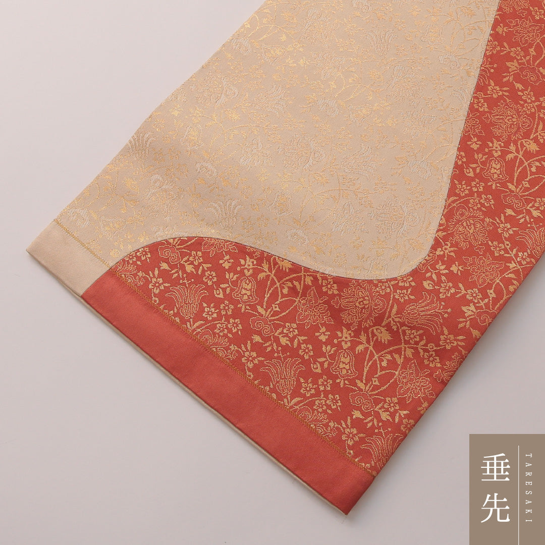 袋帯 帯丈448cm セミフォーマル ポイント柄 未仕立て 帯芯なし Aランク 正絹 唐草 クリーム系 朱系 1223-01888
